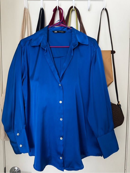 Zara Tops - Zara Electric Blue Satin Button-Front Shirt